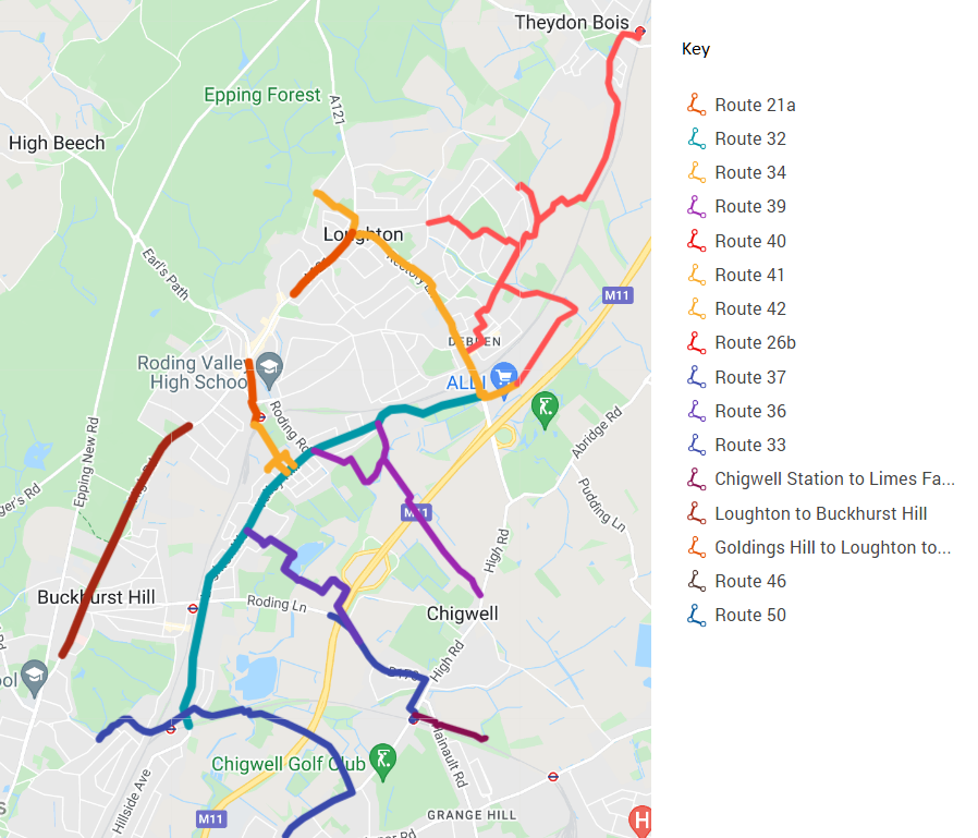 A map showing 16 cycle routes across Loughton, Buckhurst Hill and Chigwell, connecting also to Theydon Bois. A description follows the image.